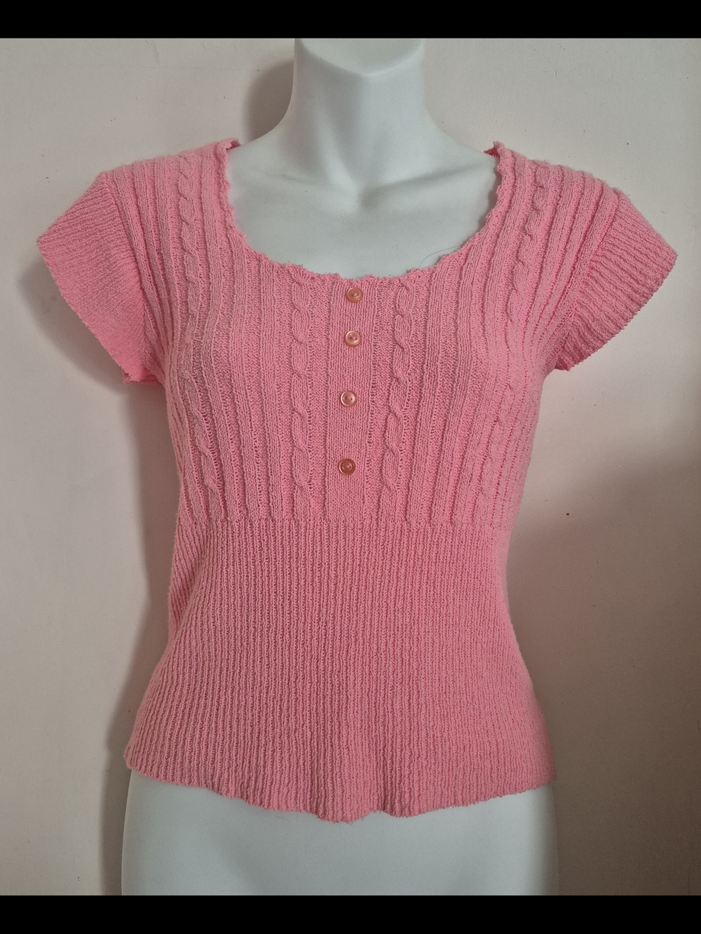 70s Vintage Peach Cable-Knit Short Sleeve Button-Front Top
